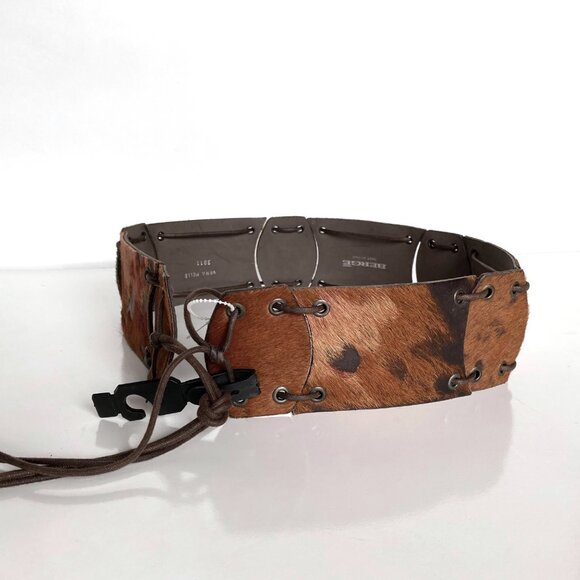 Berge Made in Italy Hair-On Leather Belt Wide Lace-Up Panel Brown main image 8
